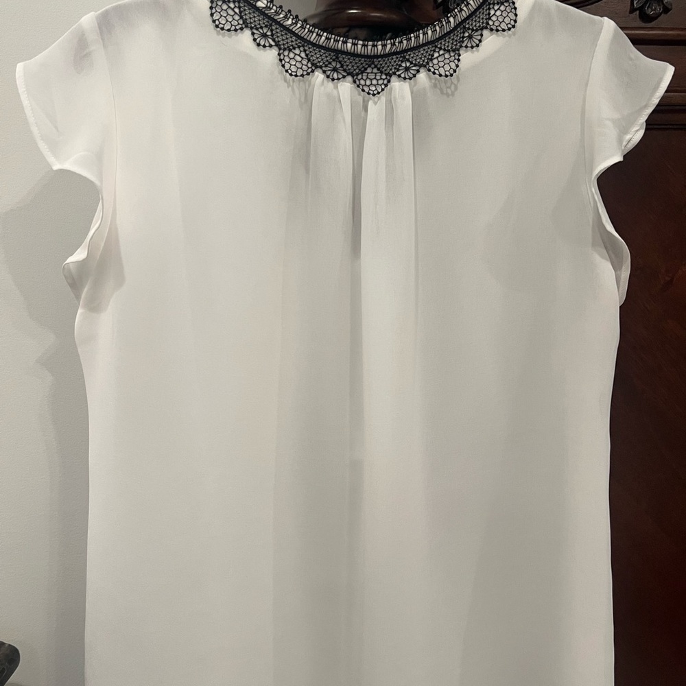 White House Black Market Ivory Blouse with Black Lace Trim - Picture 2 of 3